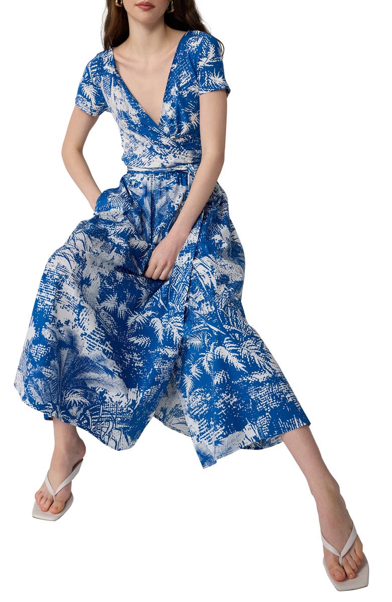 Diane von Furstenberg Elena Short Sleeve Mixed Media Wrap Dress, Alternate, color, Paysage Big Corfu