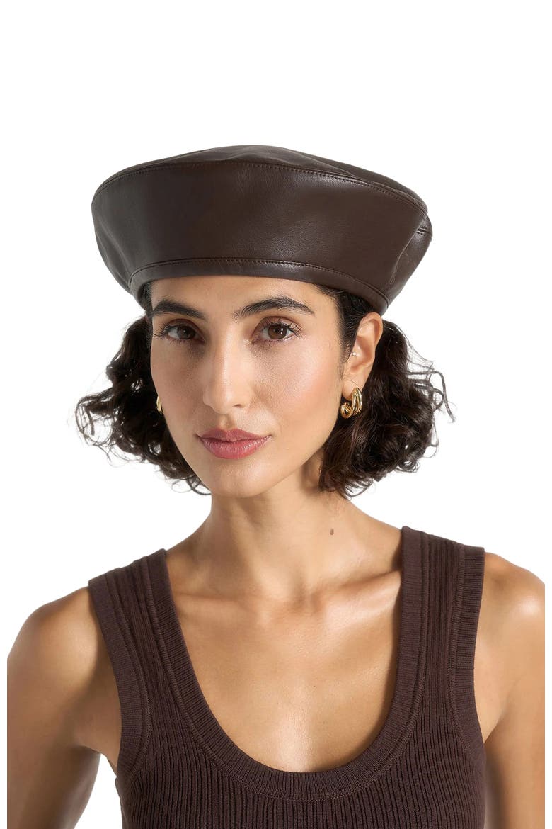 Anya Leather Beret, Alternate, color, Brown