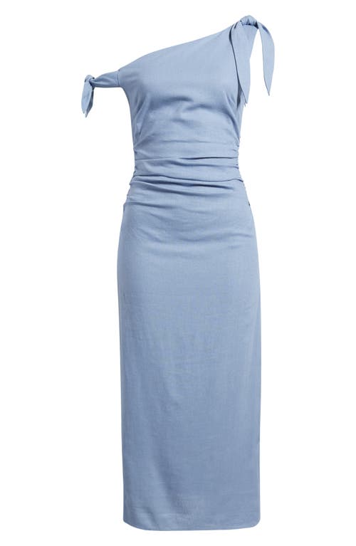 Wayf Clio Tie Shoulder Linen Blend Midi Dress In Blue