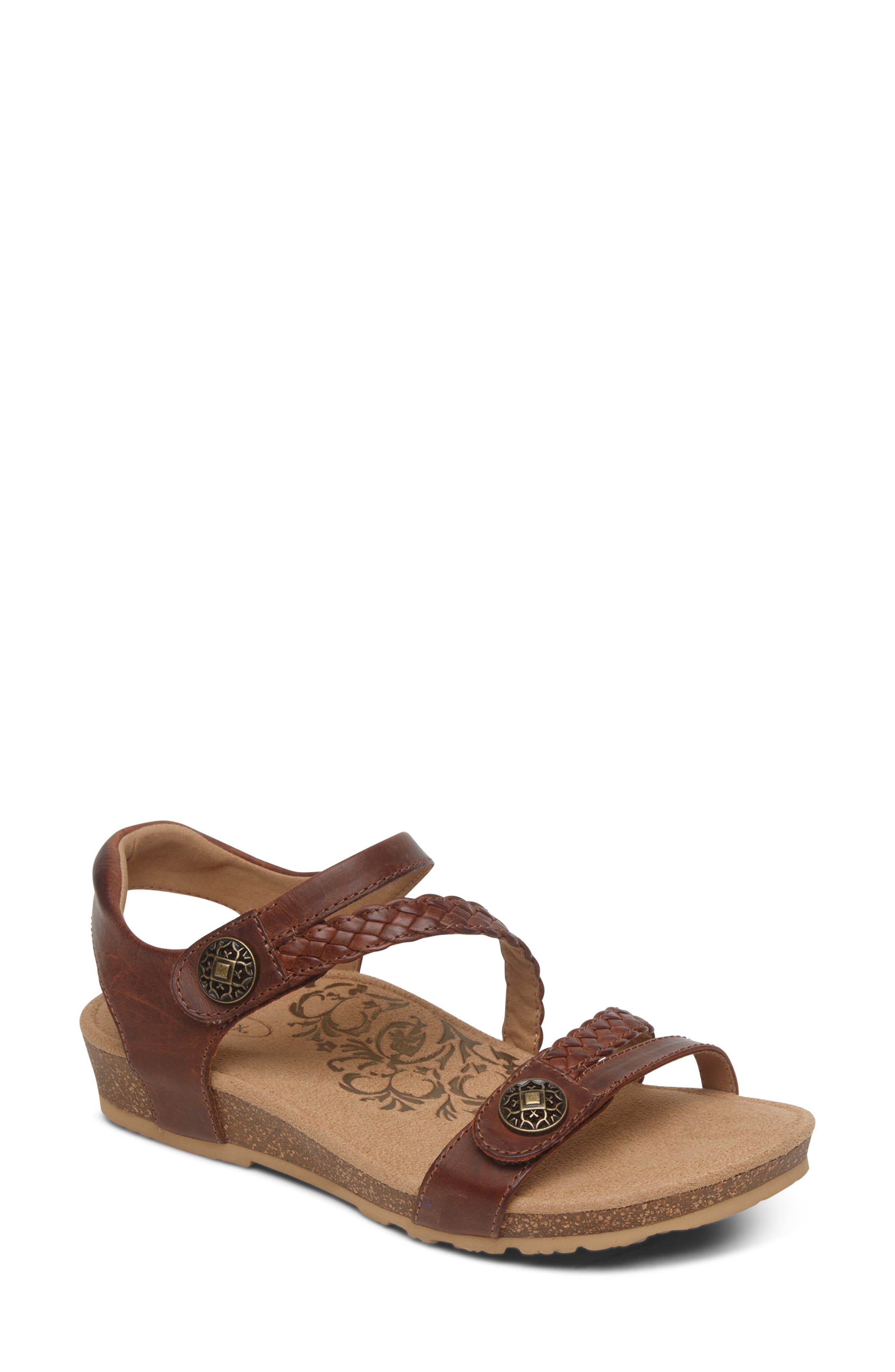 Aetrex Jillian Braided Leather Strap Sandal, Main, color, Walnut