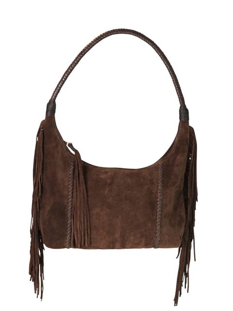 Large Fringe Top Grain Leather Hobo Shoulder Bag