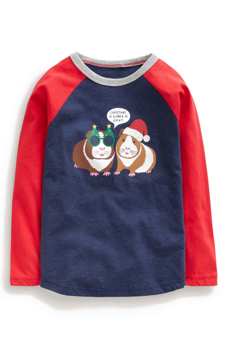 Mini Boden Kids' Christmas Guinea Pig Raglan Sleeve Cotton Graphic T-Shirt, Main, color, 