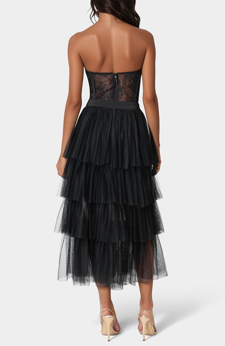 bebe Tiered Corset Midi Cocktail Dress, Alternate, color, Black
