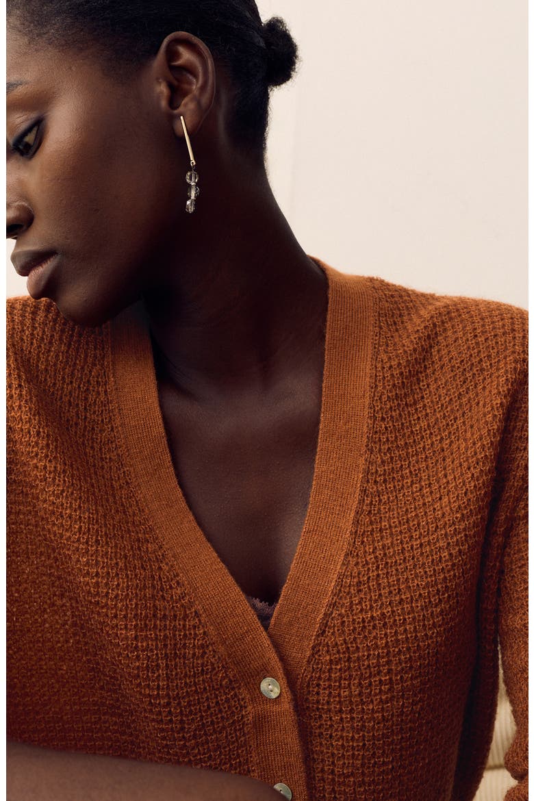 Lofty Pointelle V-Neck Cardigan, Alternate, color, BURNISHED COPPER BROWN