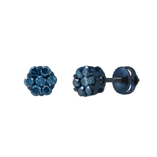 Luvmyjewelry Azure 0.35 Cts Blue Diamond Cluster Studs Blue Rhodium 10k Gold Earrings In Blue