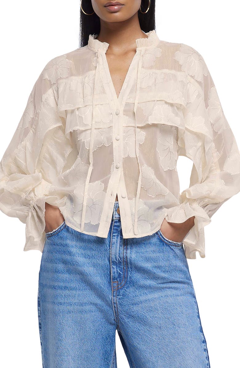 River Island Floral Ruffle Long Sleeve Jacquard Plissé Blouse, Main, color,