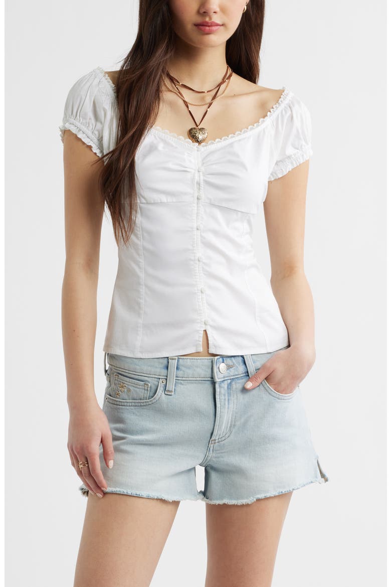 Lace Trim Stretch Cotton Button-Up Top, Main, color, WHITE