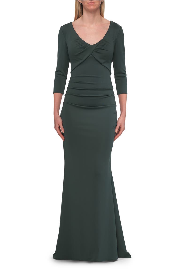 Three-Quarter Sleeve Jersey Gown with Ruched Bodice, Main, color, Dark Emerald