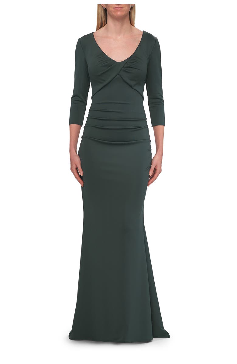 La Femme Three-Quarter Sleeve Jersey Gown with Ruched Bodice, Main, color, Dark Emerald