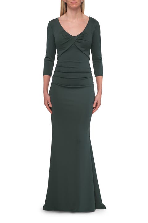 Three-Quarter Sleeve Jersey Gown with Ruched Bodice