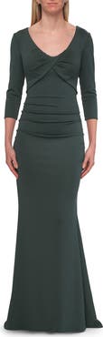 La Femme Three-Quarter Sleeve Jersey Gown with Ruched Bodice