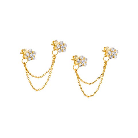 CZ Double Flower Chain Stud Earring