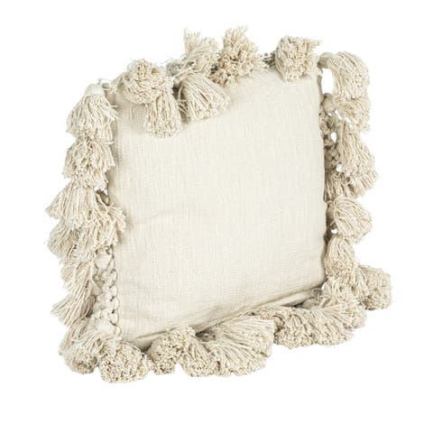 Cotton Slub Pillow with Crochet and Tassels, Cream