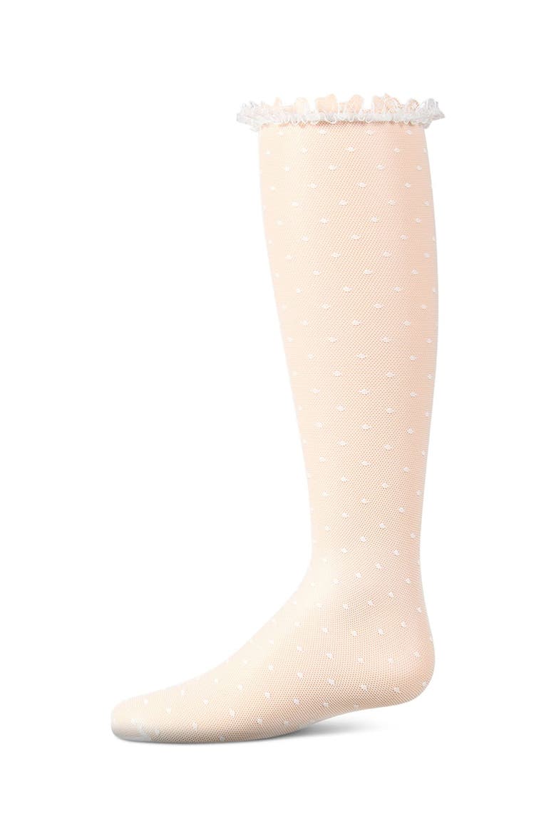 Lace Trimmed Dot Mesh Knee Sock, Main, color, White