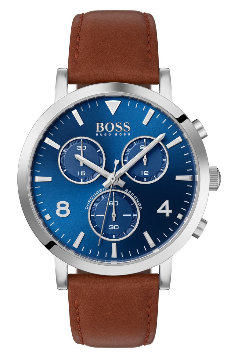 Spirit Chronograph Leather Strap Watch, 41mm, Main, color, BROWN/ BLUE/ SILVER