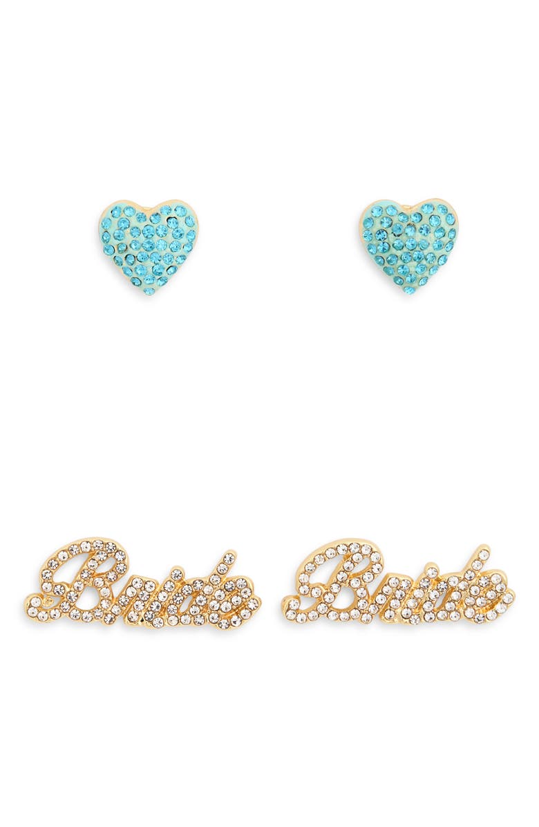 BaubleBar Set of 2 Pavé Crystal Bride & Heart Stud Earrings, Main, color, Clear