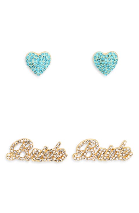 Set of 2 Pavé Crystal Bride & Heart Stud Earrings