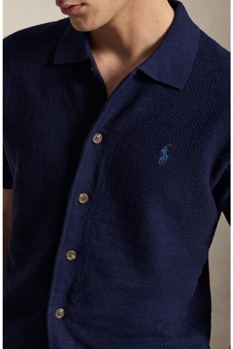 Short Sleeve Cotton Herringbone Full Button Cardigan, Alternate, color, BRIGHT NAVY