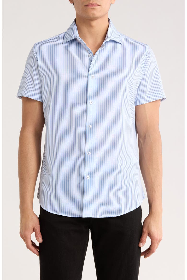 White With Navy Blue Stripes Short Sleeve Button-Up Shirt, Main, color, WHITE/ BLUE