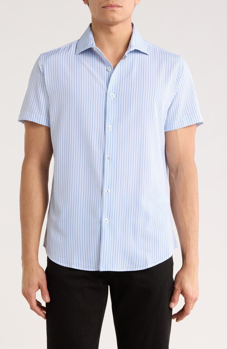 DENIM AND FLOWER White With Navy Blue Stripes Short Sleeve Button-Up Shirt, Main, color, White/ Blue