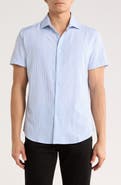 DENIM AND FLOWER White With Navy Blue Stripes Short Sleeve Button-Up Shirt