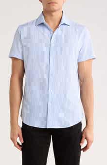 DENIM AND FLOWER White With Navy Blue Stripes Short Sleeve Button-Up Shirt