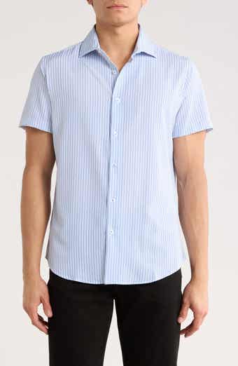 White With Navy Blue Stripes Short Sleeve Button-Up Shirt