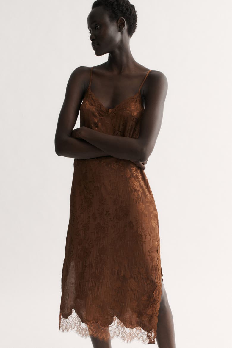 Lace-trimmed Brocade Dress, Alternate, color, Dark brown