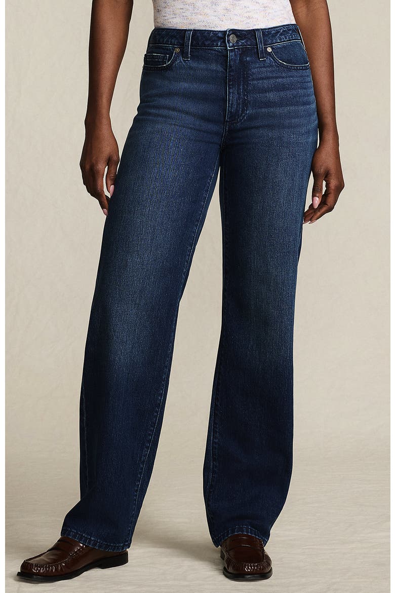 Petite Soft Denim Mid Rise Relaxed Straight Leg Jeans, Main, color, Dark Indigo Blue Wash