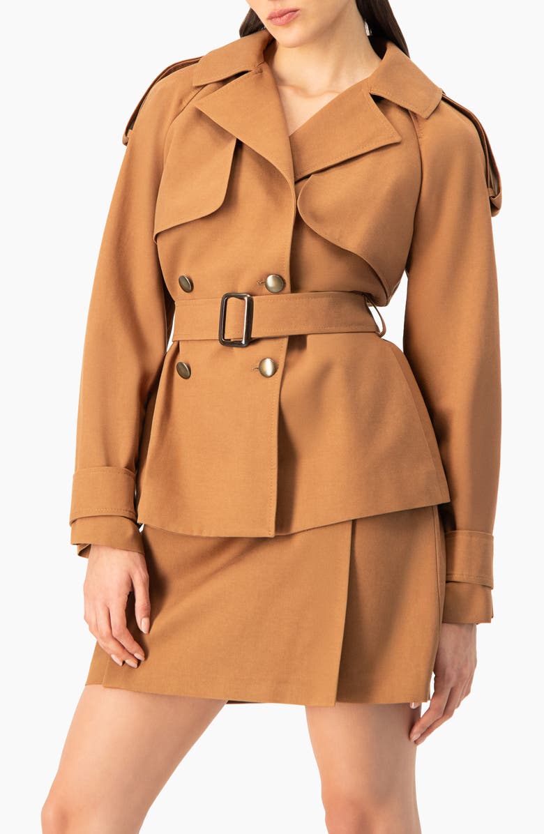 IVONNE Short Double-Breasted Trench Coat, Alternate, color, Brown