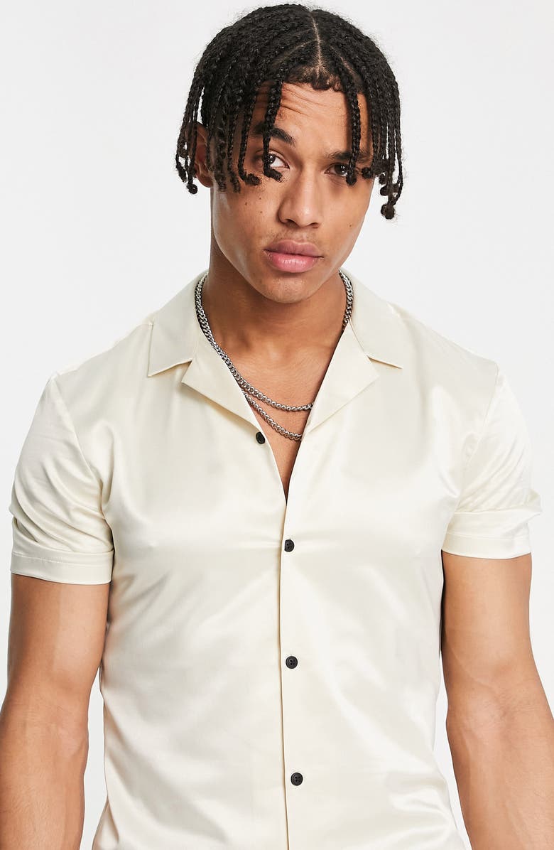 ASOS DESIGN Skinny Satin Short Sleeve Button-Up Shirt, Alternate, color, 