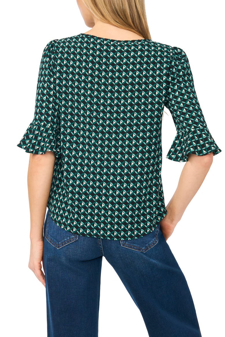 Geo Print Ruffle Cuff Top, Alternate, color, DEEP SPRUCE