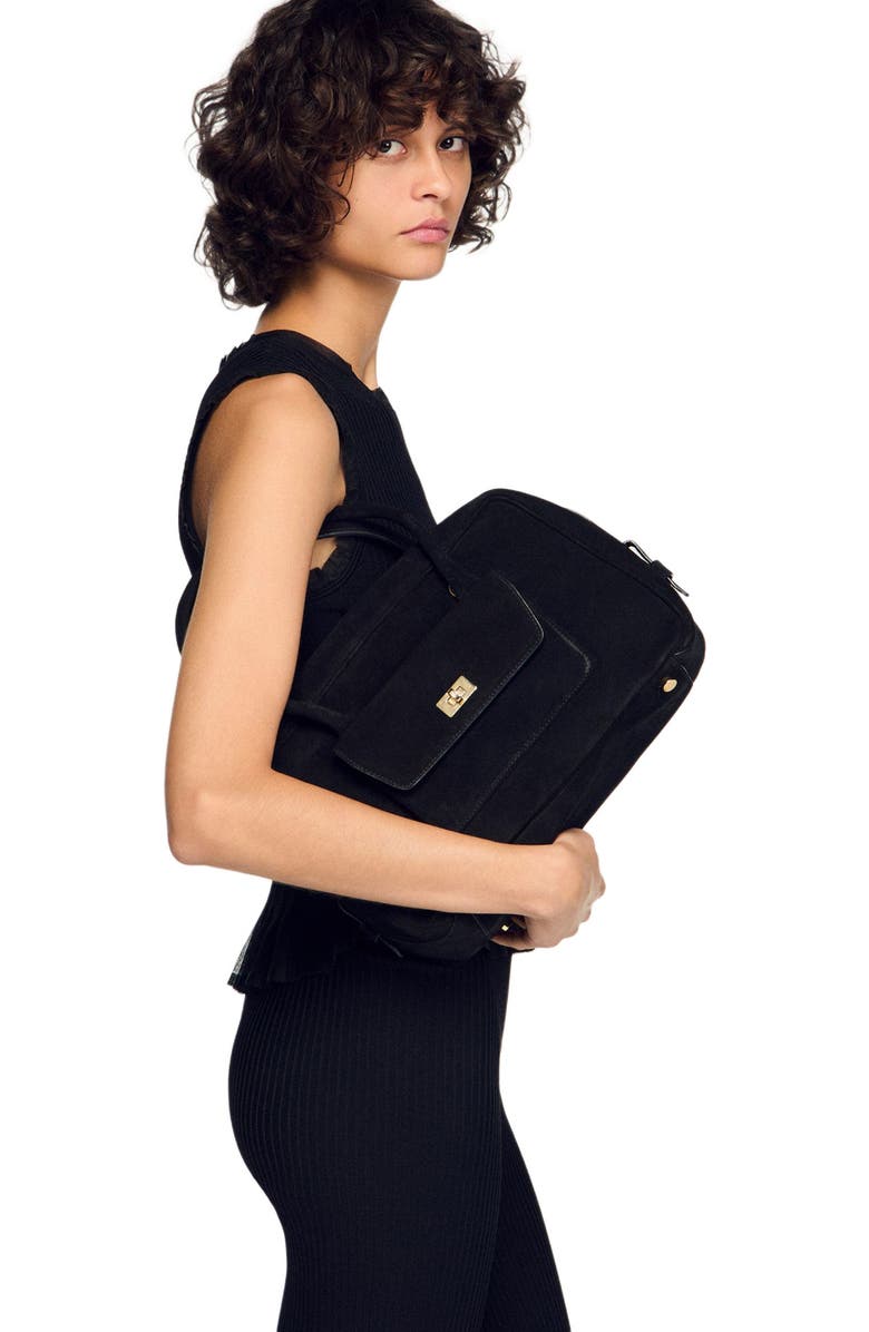 SANDRO Ezmeh suede bag, Alternate, color, Black