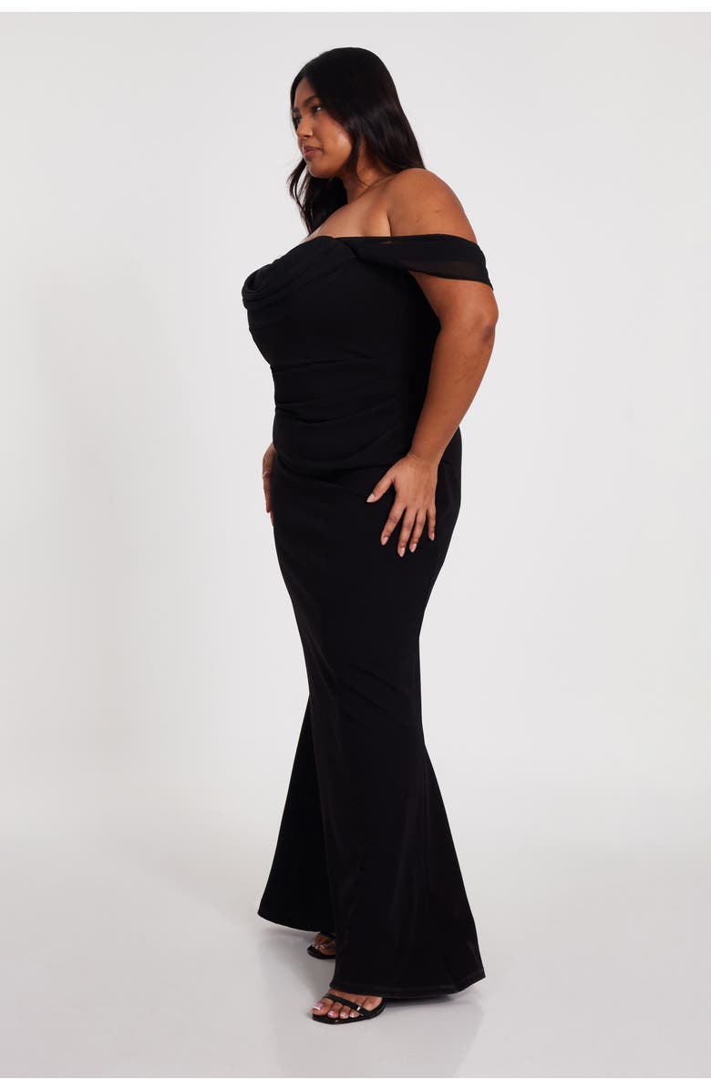 QUIZ Plus Size Scuba Crepe/Chiffon Bardot Maxi Dress, Alternate, color, 