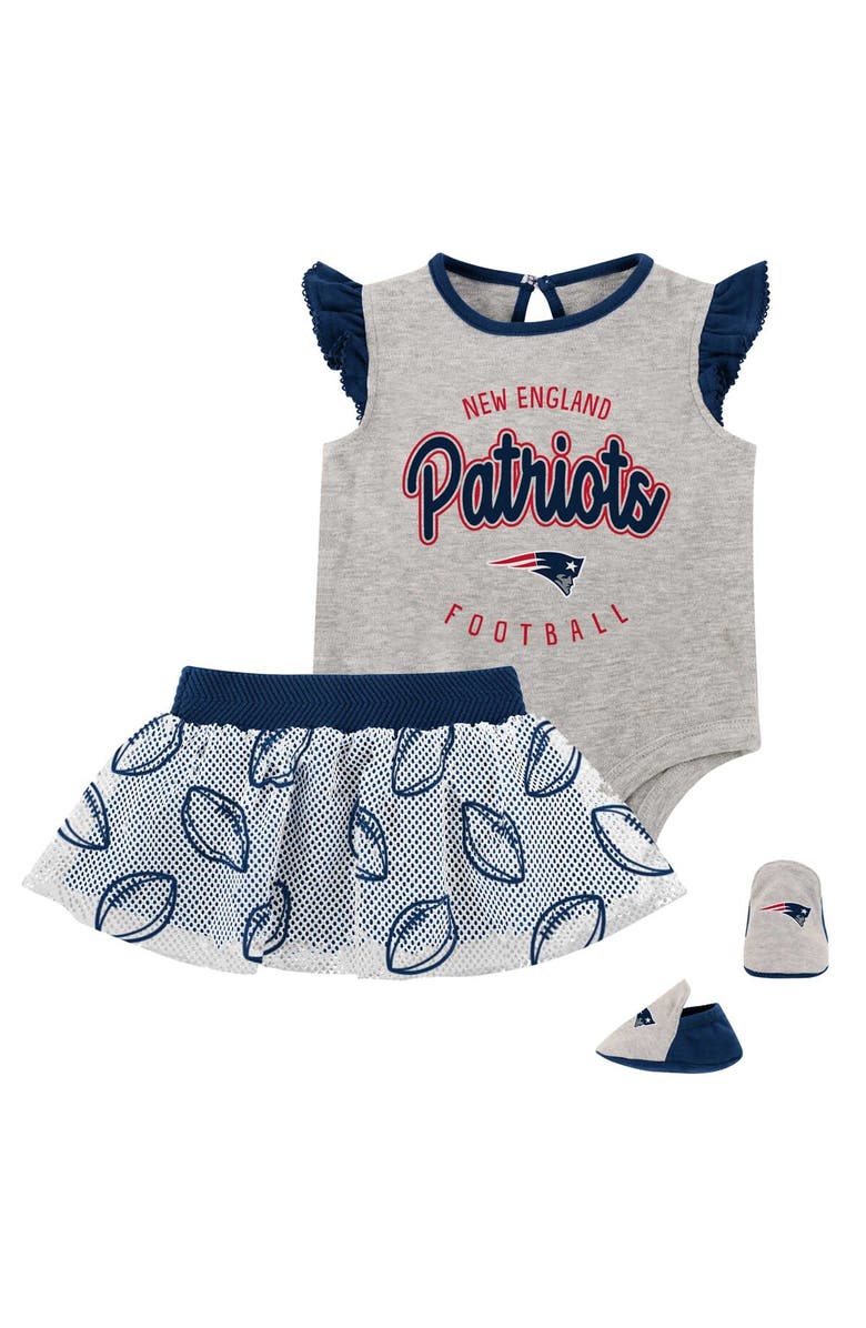 Outerstuff Girls Infant Heather Gray/Navy New England Patriots All Dolled Up Three-Piece Bodysuit, Skirt & Booties Set, Main, color, 