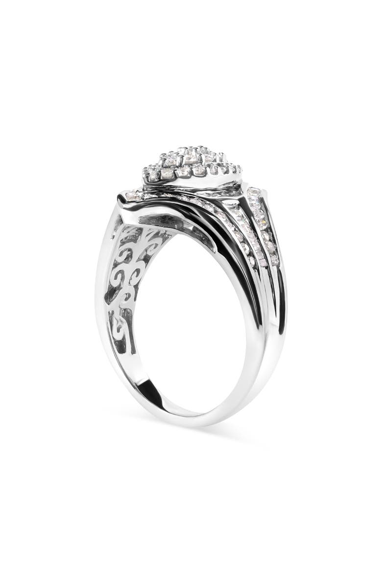 14K White Gold 3/4 Cttw Round and Baguette cut Diamond Cluster Ring, Alternate, color, White Gold