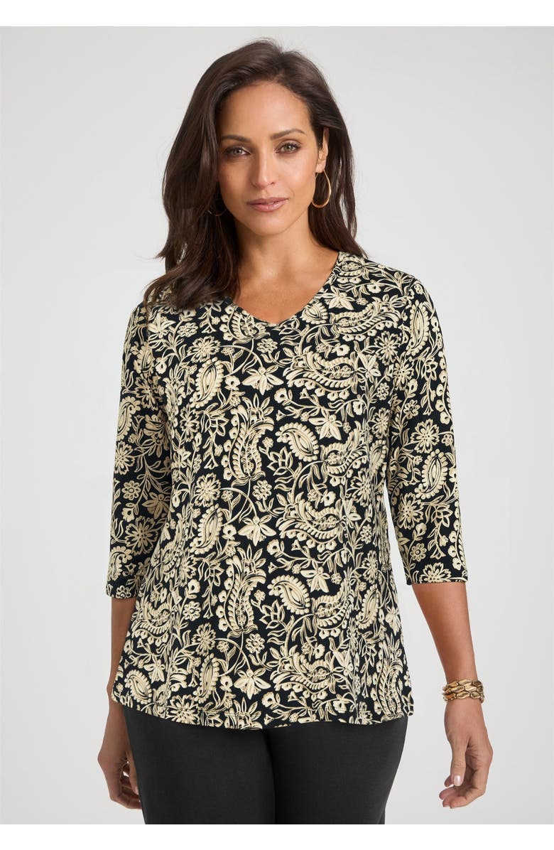 Jessica London Stretch Cotton V-Neck Tee, Alternate, color, Black Animal Patchwork