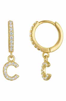 FZN Pavé Cubic Zirconia Initial 'C' Huggie Drop Earrings