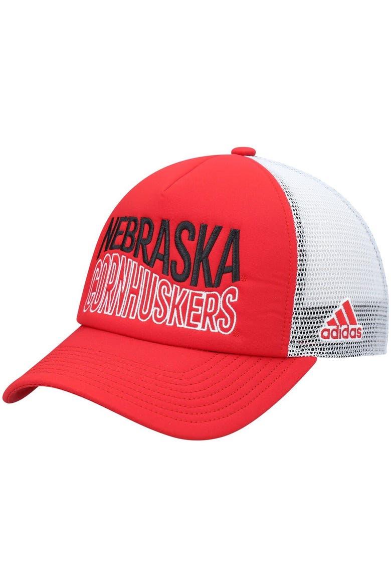 Men's adidas Scarlet/White Nebraska Huskers Wave Foam Trucker Snapback Hat, Main, color, Scarlet