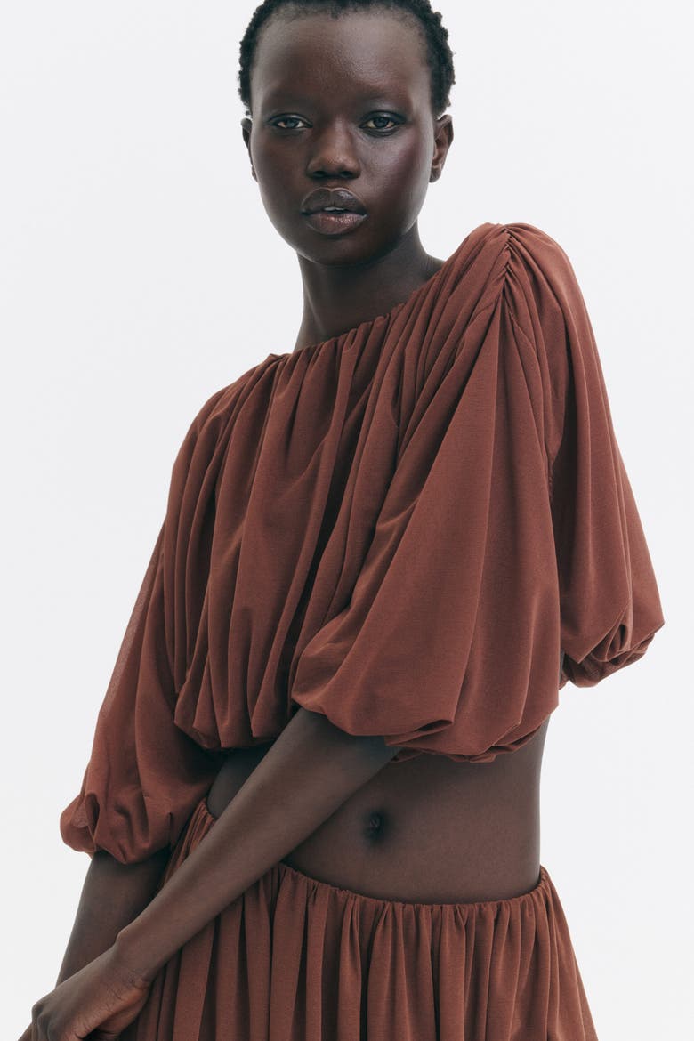 Bubble-hem Cropped Top, Alternate, color, Brown