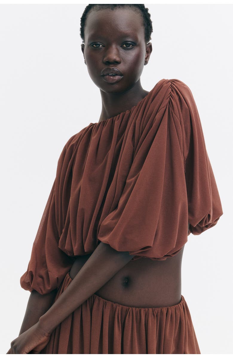 H&M Bubble-hem Cropped Top, Alternate, color, Brown