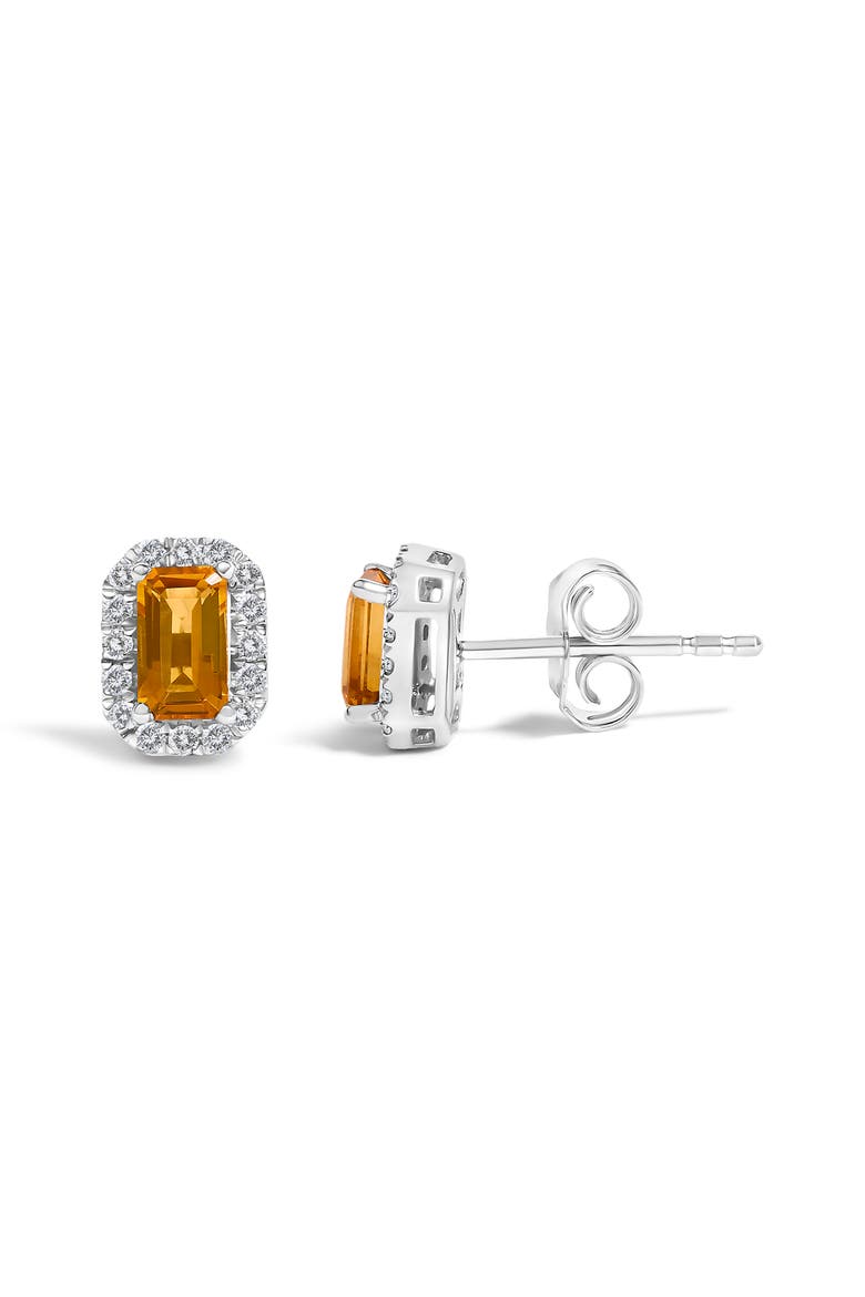 10K Gold 5x3mm Emerald-Cut Gemstone and 1/7 Cttw Diamond Halo Octagonal Stud Earrings, Alternate, color, Orange Citrine | White
