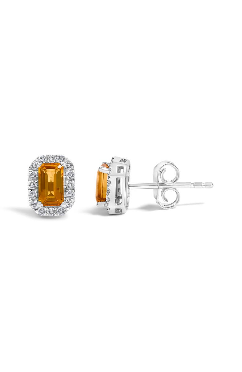 Haus of Brilliance 10K Gold 5x3mm Emerald-Cut Gemstone and 1/7 Cttw Diamond Halo Octagonal Stud Earrings, Alternate, color, Orange Citrine | White