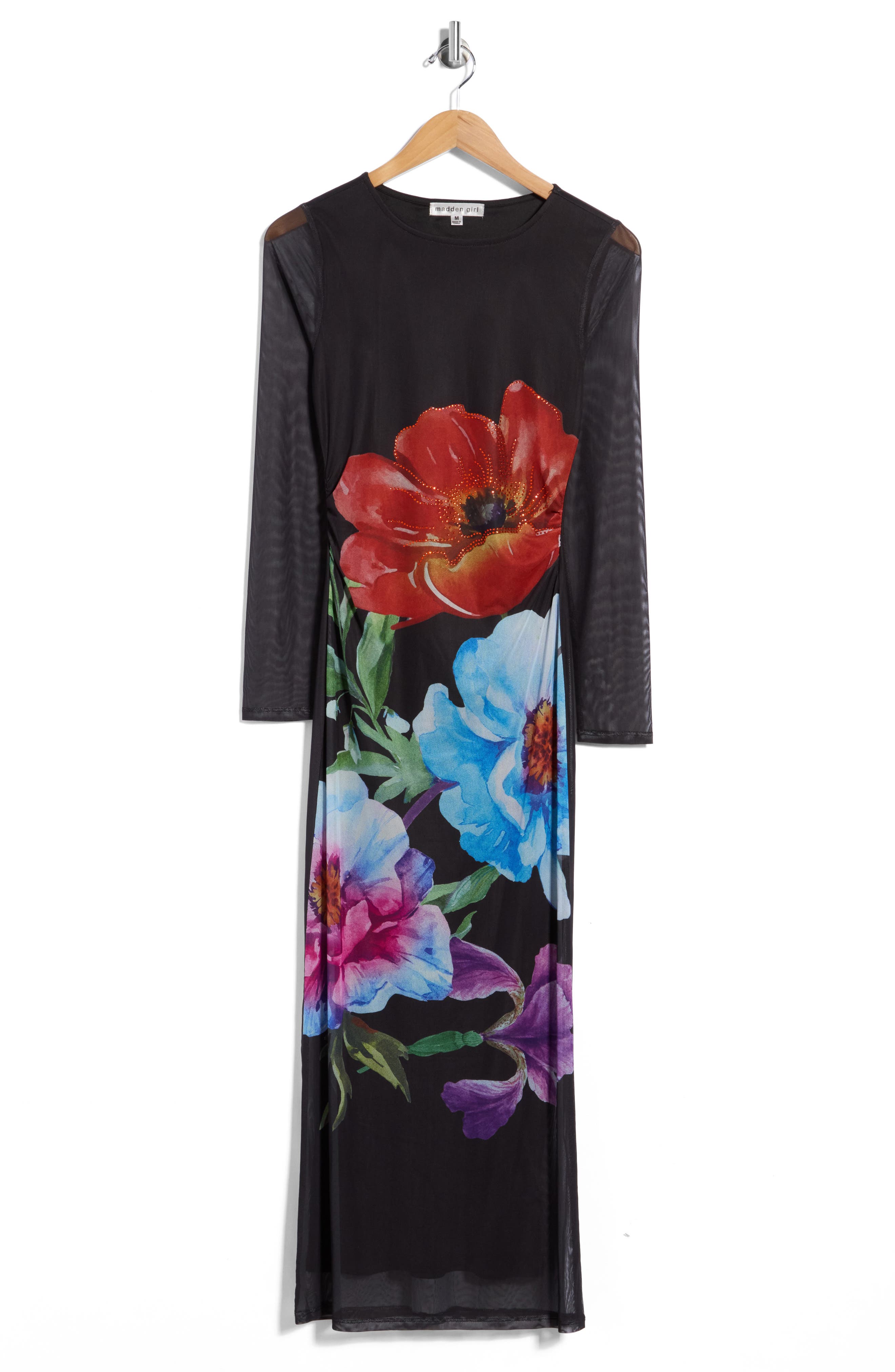Mesh Long Sleeve Ruched Maxi Dress
