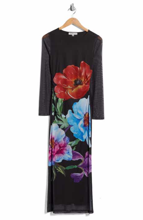 Mesh Long Sleeve Ruched Maxi Dress