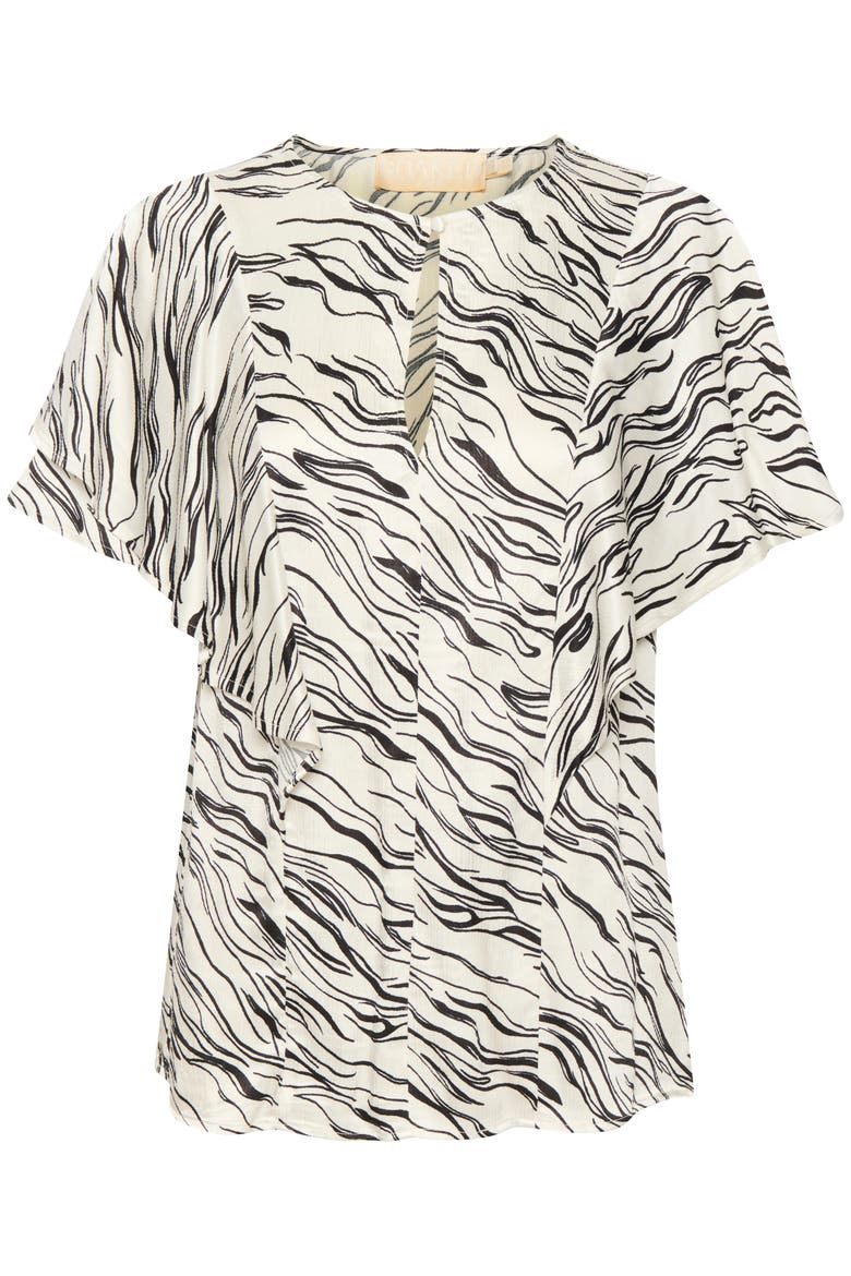 Vinka Ruffle Sleeve Round Neck Blouse, Alternate, color, White/Black Wave Print