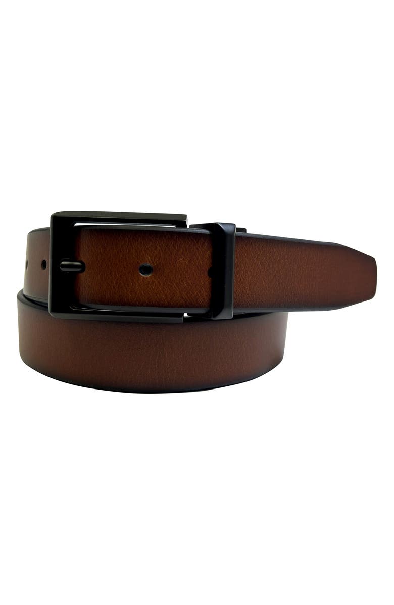 BOCONI Knife Edge Reversible Leather Belt, Main, color, Cognac/ Black