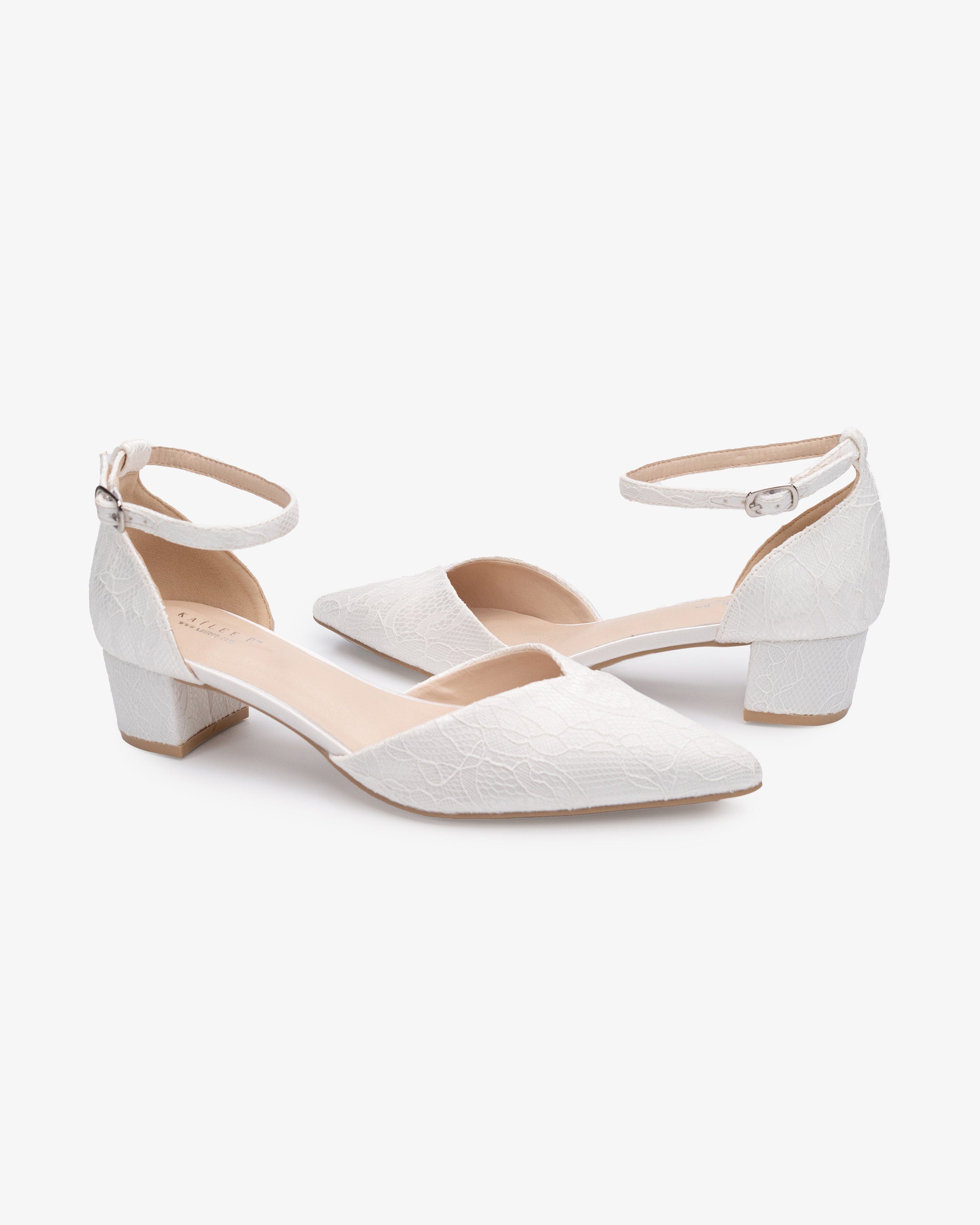 Kailee P Adele Lace Pointy Toe Block Heel with Ankle Strap, Alternate, color, White