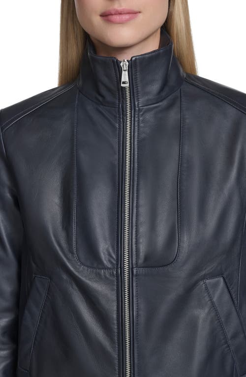 Cole Haan Stand Collar Leather Bomber Jacket In Blue