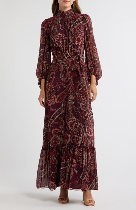 Long Sleeve Paisley Print Maxi Dress